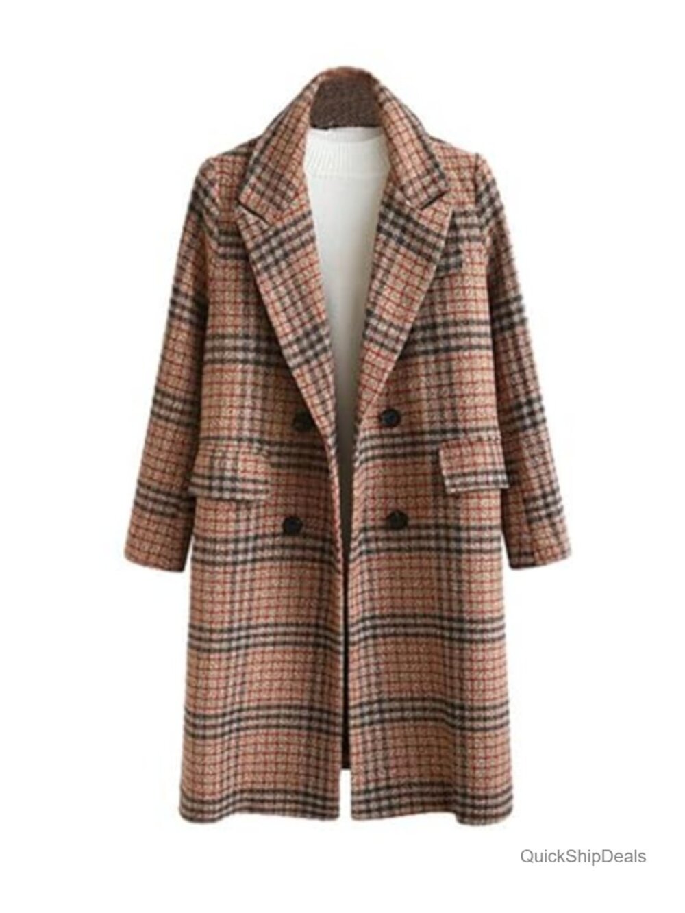 Women's Plaid Wool Blend Double Breasted Long Peacoat Loose Peak Lapel Winter
